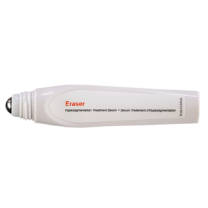 Close up of the Eraser advanced skin care treatments for hyperpigmentation with a white backdrop